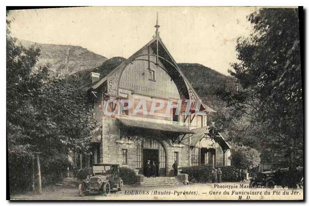 Lourdes (Hautes-Pyrénées) — Gare du Funiculaire du Pic du Jer — Phototypie Marcel Delaunay, Bordeaux - Frente