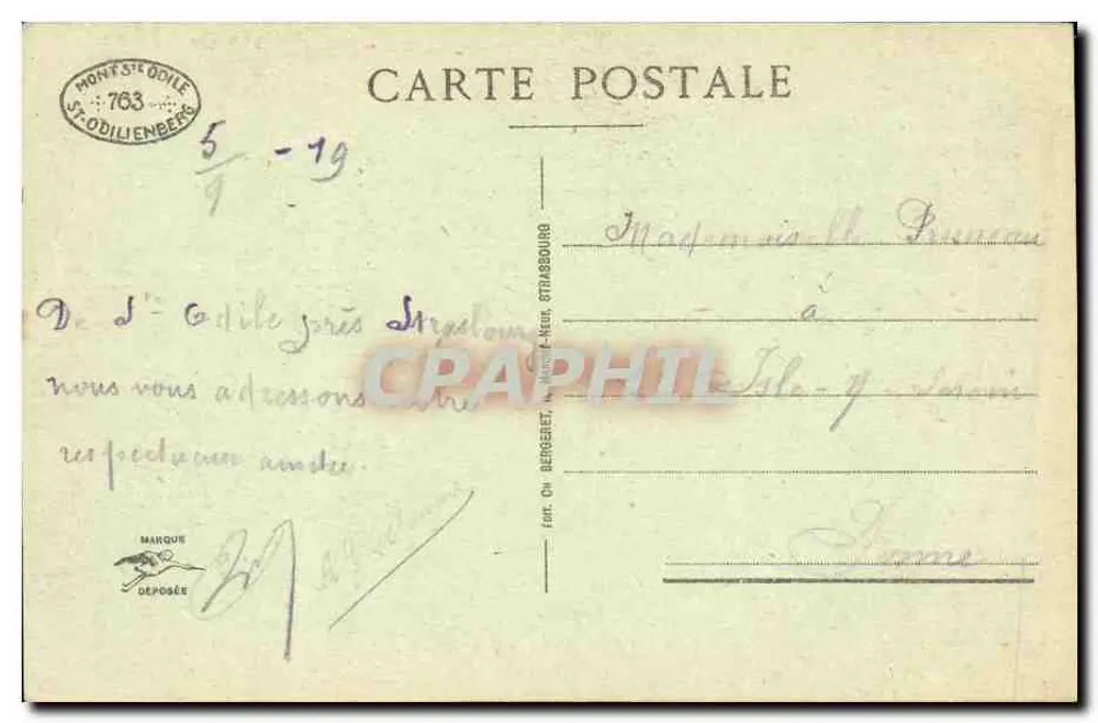 Mont Sainte-Odile (alt. 763m) — Cour do Convento — editor Ch. Bergeret, Strasbourg - Verso