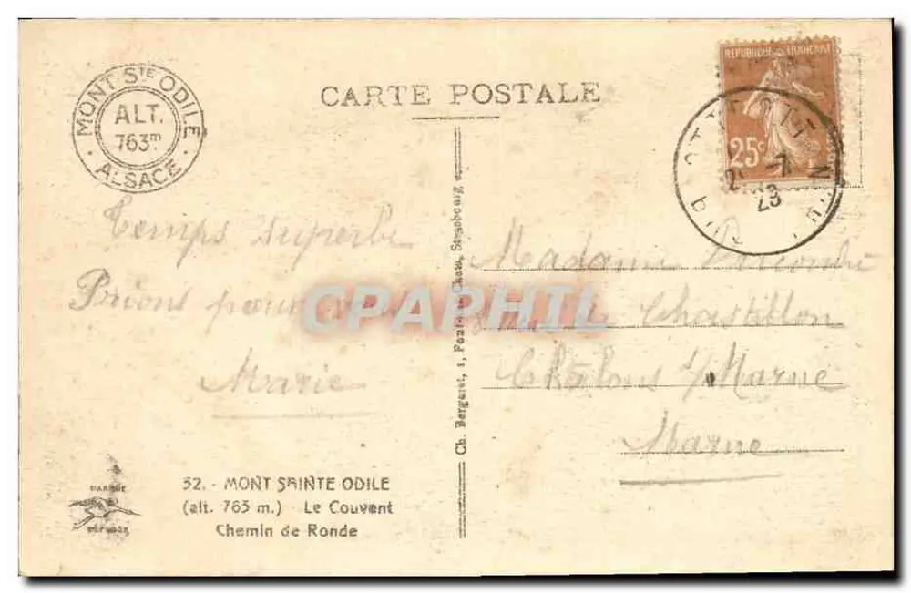 Mont Sainte-Odile — Das Kloster — Verlag: Ch. Bergent, 1, Pozières, Straßburg - Rückseite