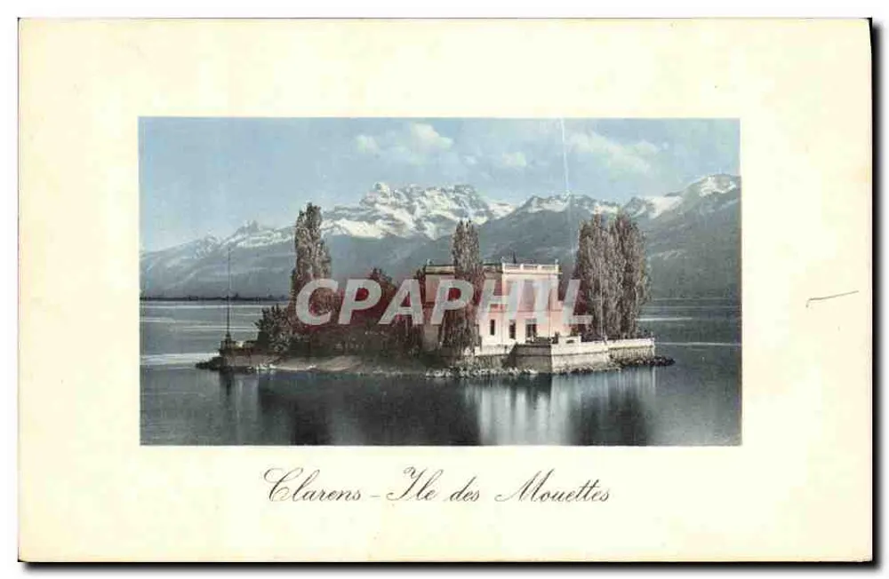 Clarens - Ilha das Gaivotas — visão da ilha com castelo e montanhas nevadas — J. J. 5840, Jullien frères, Genebra - Frente