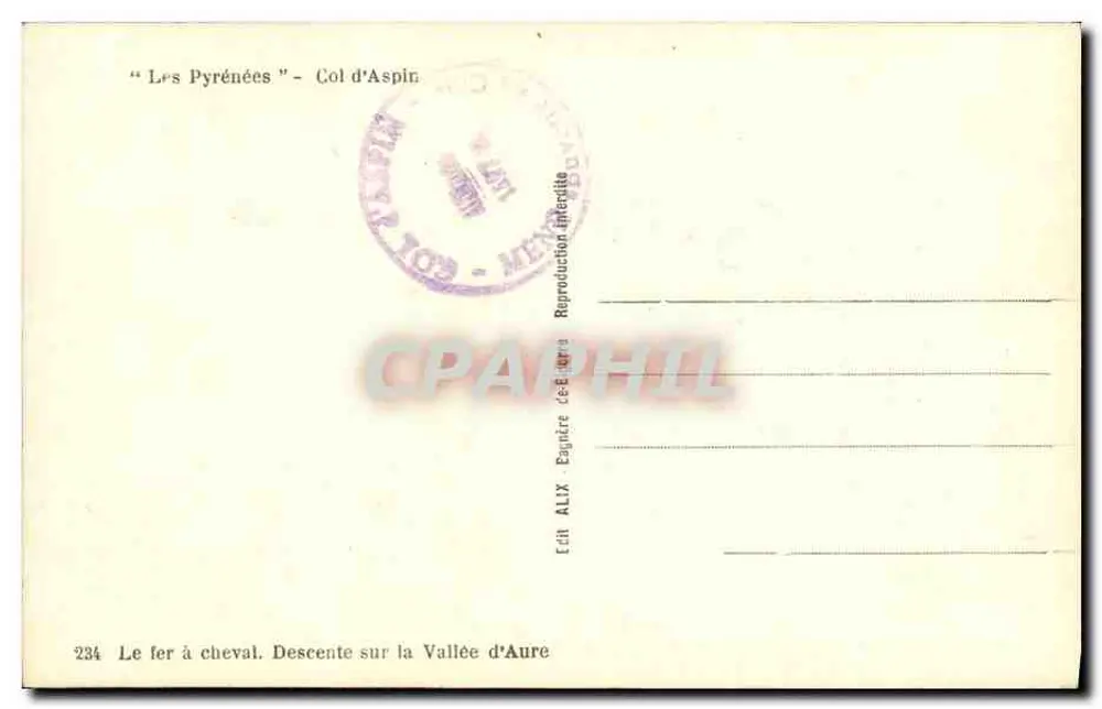 Os Pirineus — Col d'Aspin — Éd. ALIX - Verso