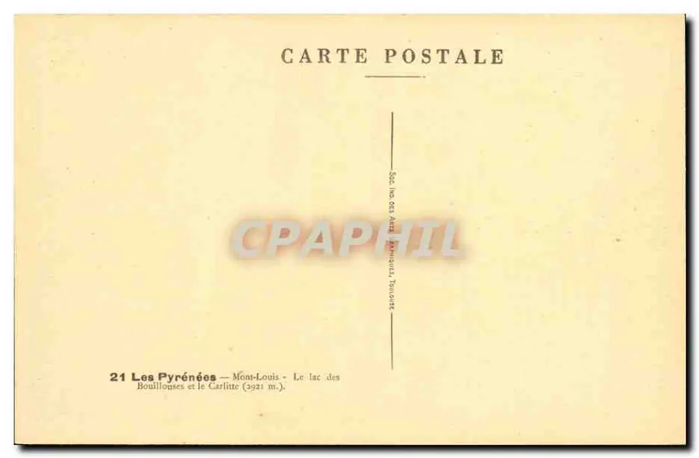 Lago das Bouillouses e o Carlitte — Mont-Louis — Sociedade dos Artes Pirenéias, Toulouse - Verso