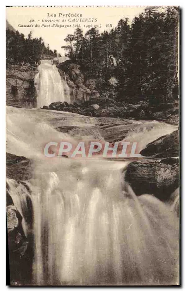 Os Pirineus — Perto de Cauterets, Cachoeira do Pont d'Espagne (alt. 1490 m.) — Bloc Frères, editores, Bordeaux - Frente