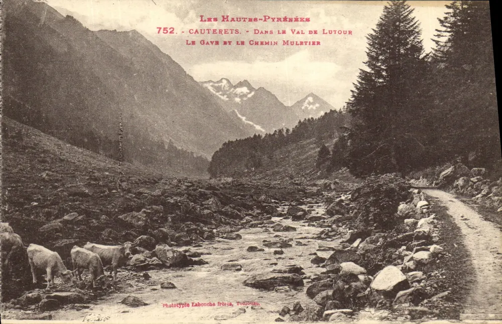 Hautes-Pyrénées — Cauterets, im Val de Lutour, der Gave und der Chemin Muletier — Phototypie Laboucha frères, Tourouze - Vorderseite