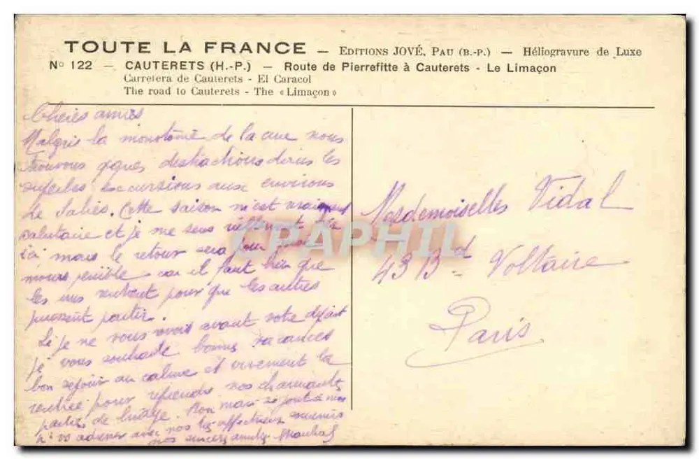 Estrada de Pierrefitte a Cauterets — Le Limaçon — Edições Jové, Pau - Verso