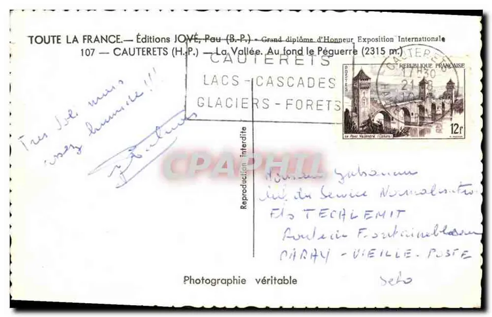 Cauterets — Tal und Pégourre (2315 m) — Editions JOVÉ, Pau (B.P.) - Rückseite