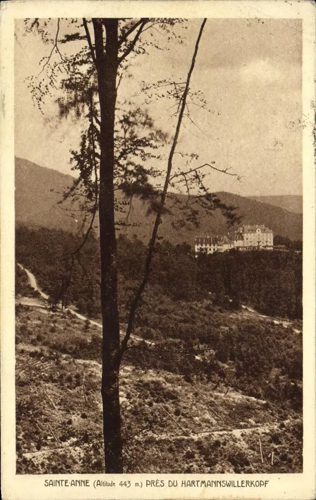 Sainte-Anne (Höhe 443 m.) nahe dem Hartmannswillerkopf — Panoramablick mit Schloss im Hintergrund - Vorderseite