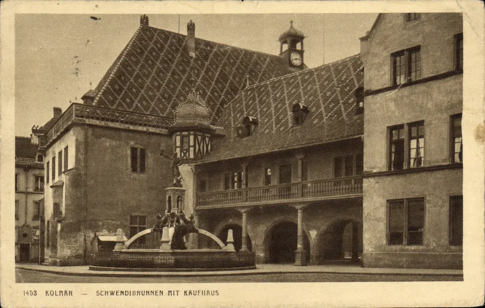 Kolmar — Schwendibrunnen mit Kaufhaus — editor 1458 - Frente