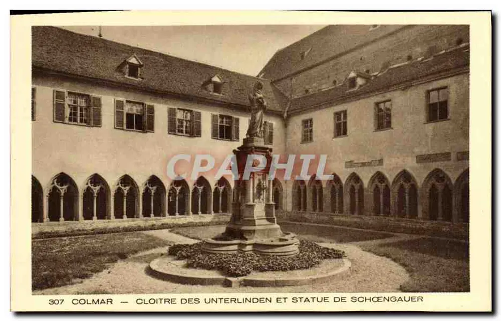 Colmar — Claustro dos Unterlinden e estátua de Schöngauer — Coleção L. Allmann, Braun & Cie, Mulhouse-Dornach - Frente