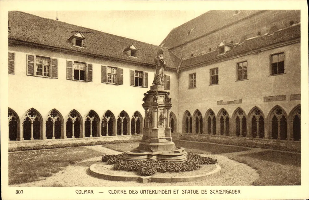 Colmar — Claustro dos Unterlinden e estátua de Schengauer - Frente
