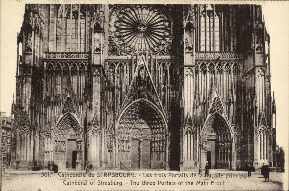 Strasbourg-Kathedrale — Die drei Portale der Hauptfassade — Verleger: M. Bergeret, Straßburg - Vorderseite