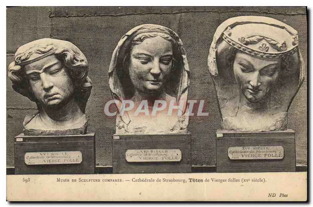 Kathedrale von Straßburg — Köpfe der Wahnsinnigen Jungfrauen (15. Jahrhundert) — ND Fotografie - Vorderseite