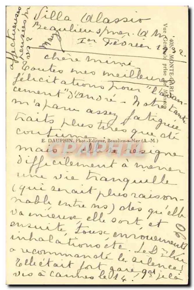 Vista de Beaulieu-sur-Mer — Monte-Carlo — Editor E. Dauphin, n°405 - Verso