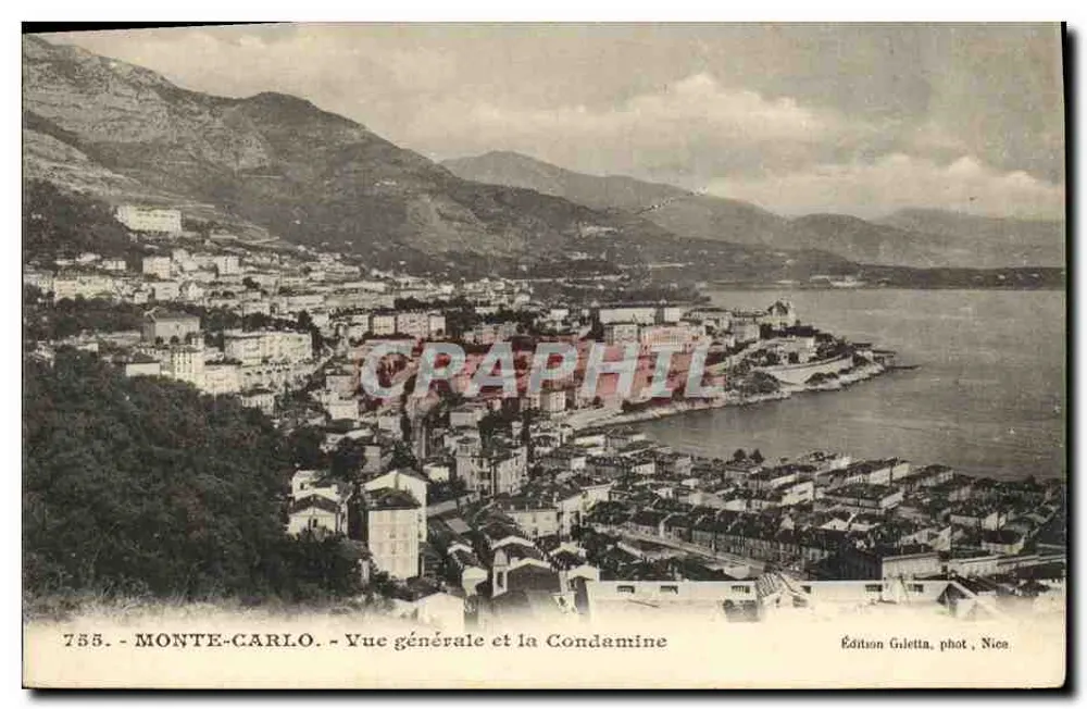 Monte-Carlo - Vista general y la Condamine — Edición Guletta, fot. Nice, n° 755 - Anverso