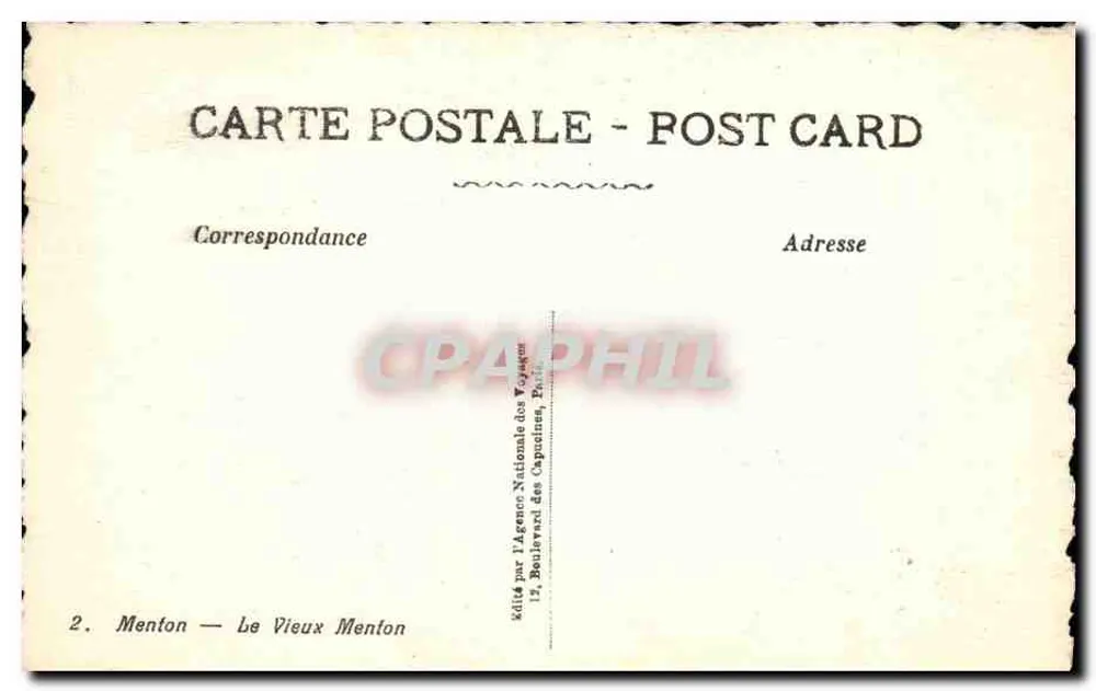 O Velho Menton — Vista de um passagem sob um arco — editada pela Agência Nacional das Capucinas - Verso