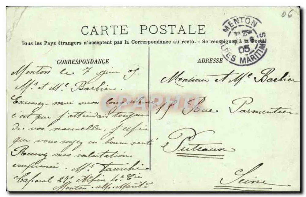 Menton — Le Winter-Palace — LL. n° 1075 - Verso