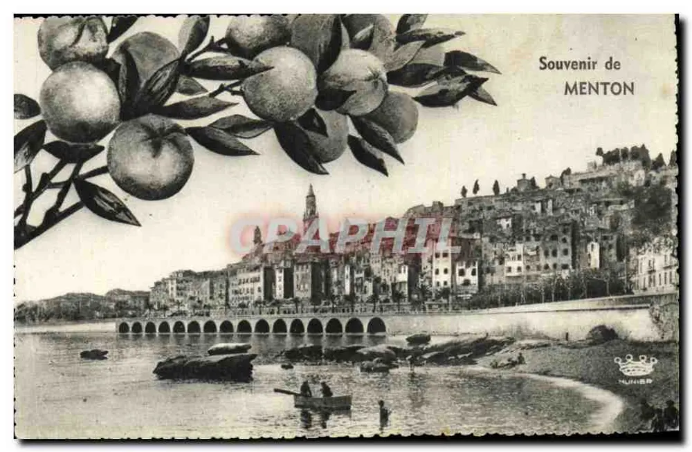 Menton — vista do porto e do vilarejo — Souvenir de MENTON, editor Montluel - Frente