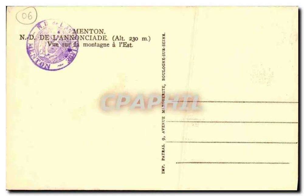 N.D. de l'Annonciade — Ansicht der Berge im Osten — Imp. Patras, Avenue Marqueritte, Boulogne-sur-Seine - Rückseite