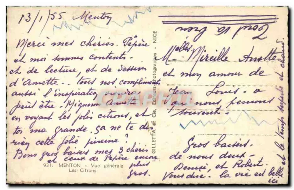 Menton — Vista geral — Os Limões — Editores fotográficos GILLETTE & Cie, Nice, n° 931 - Verso