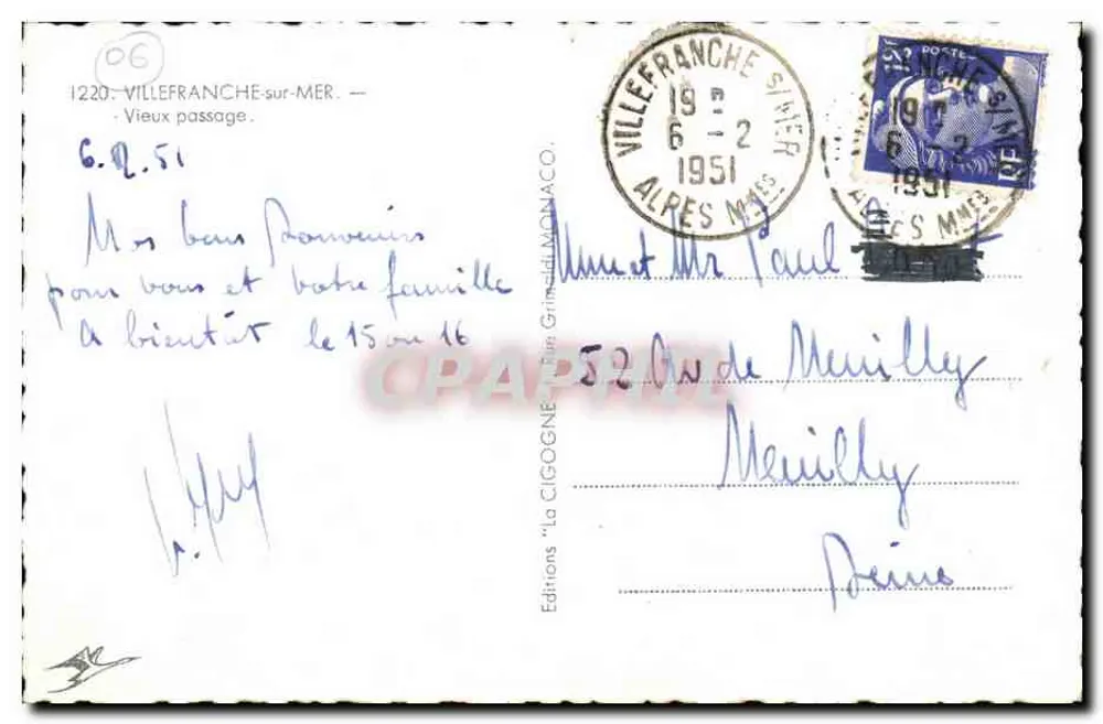 Villefranche-sur-Mer — Alter Durchgang — Editions 'La Cigogne' n°1220 - Rückseite