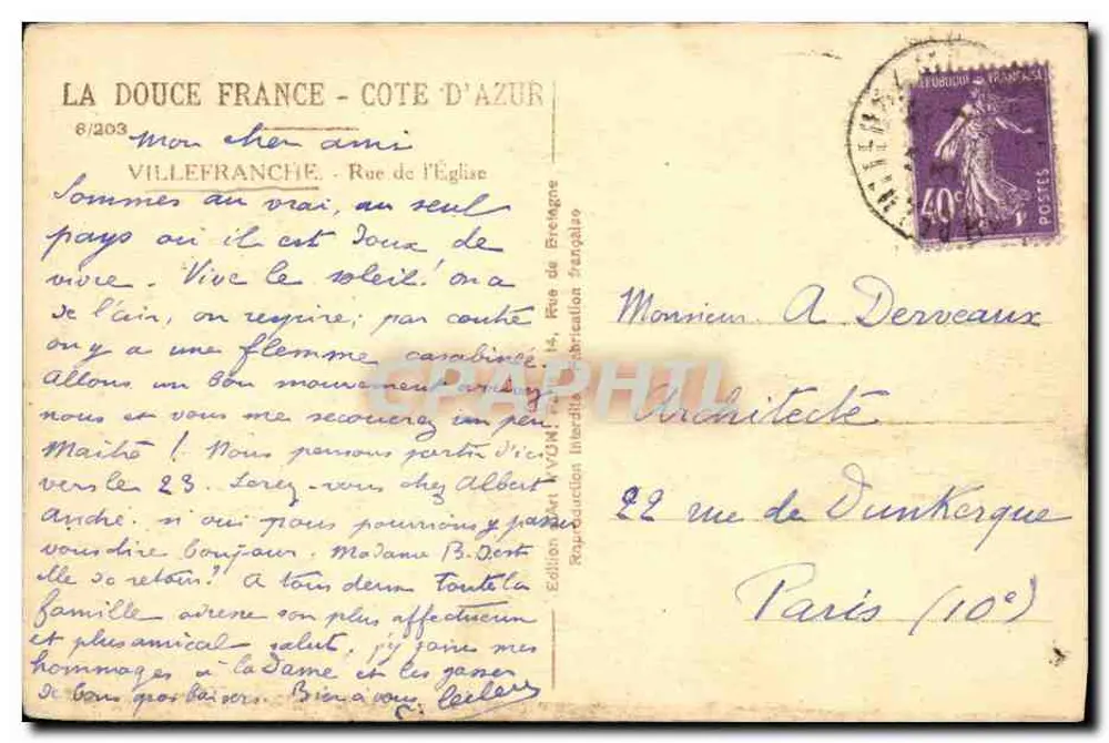 Villefranche-sur-Mer — vista de la calle de la Iglesia con escalera y campanario — Edición Interdite Française - Reverso