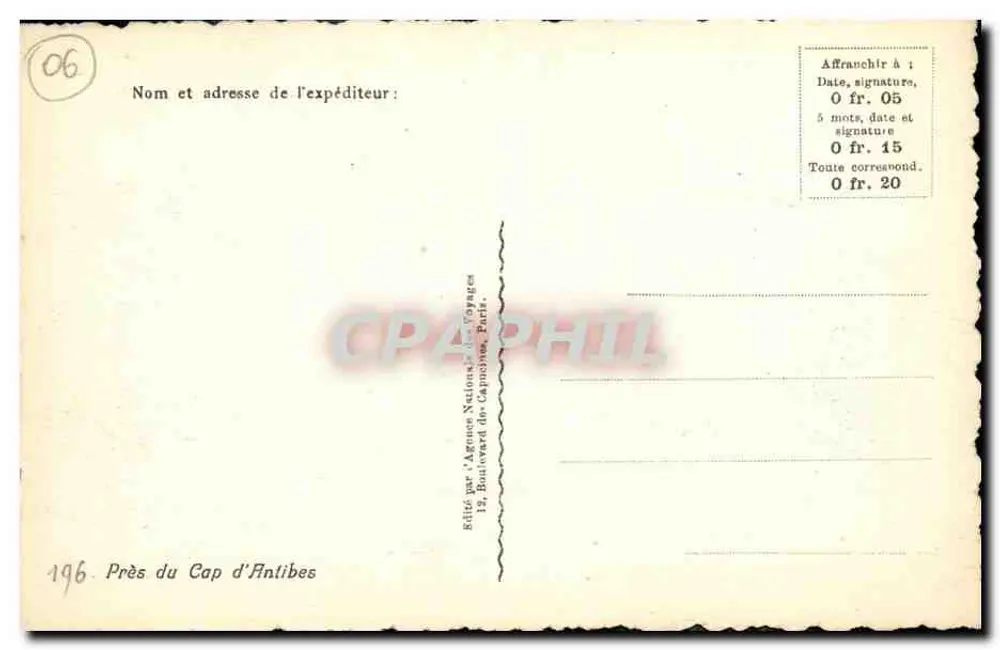 Próximo ao Cabo de Antibes — Onda quebrando em rochedos — Editado pela Agência Nacional, 12, Boulevard des Capucines, Paris - Verso