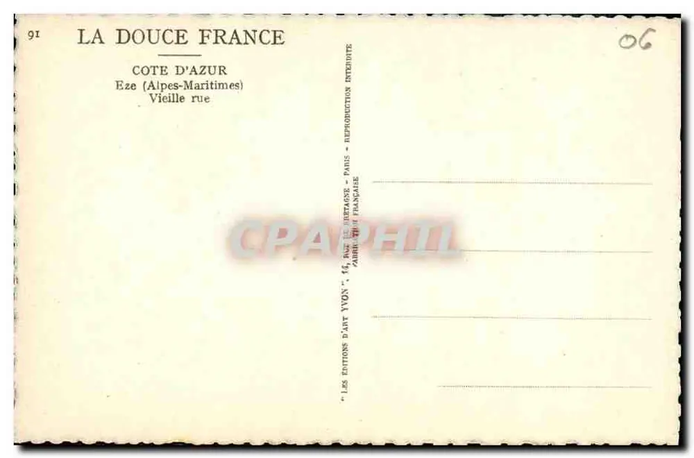 Eze — Vieille rue — Les Éditions d'Art Yvon, Paris - Verso