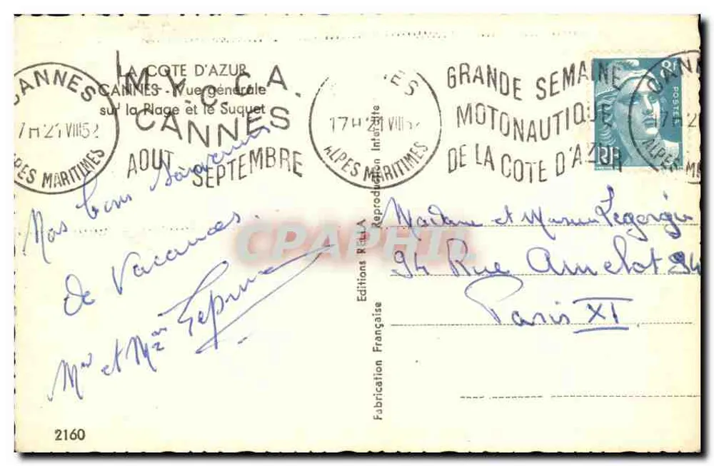 Cannes — Vue générale sur la plage et le Suquet — Editions Rella, n°2160 - Rückseite