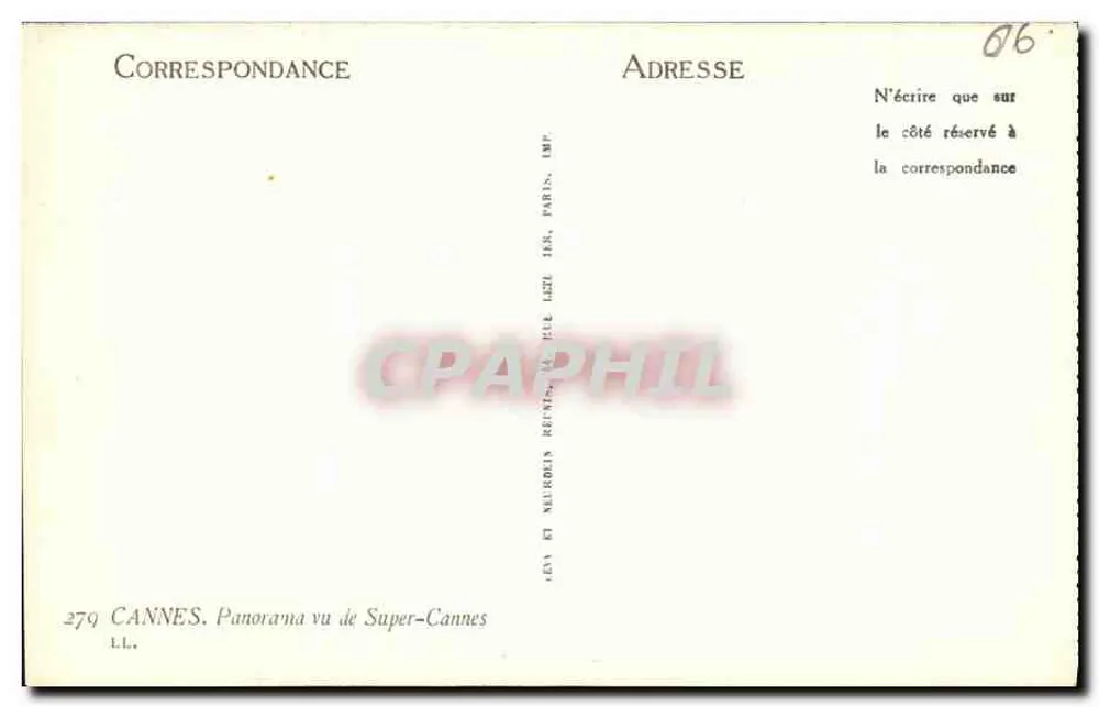 Cannes — Panorama visto de Super-Cannes — Editor L.L. n°279 - Verso
