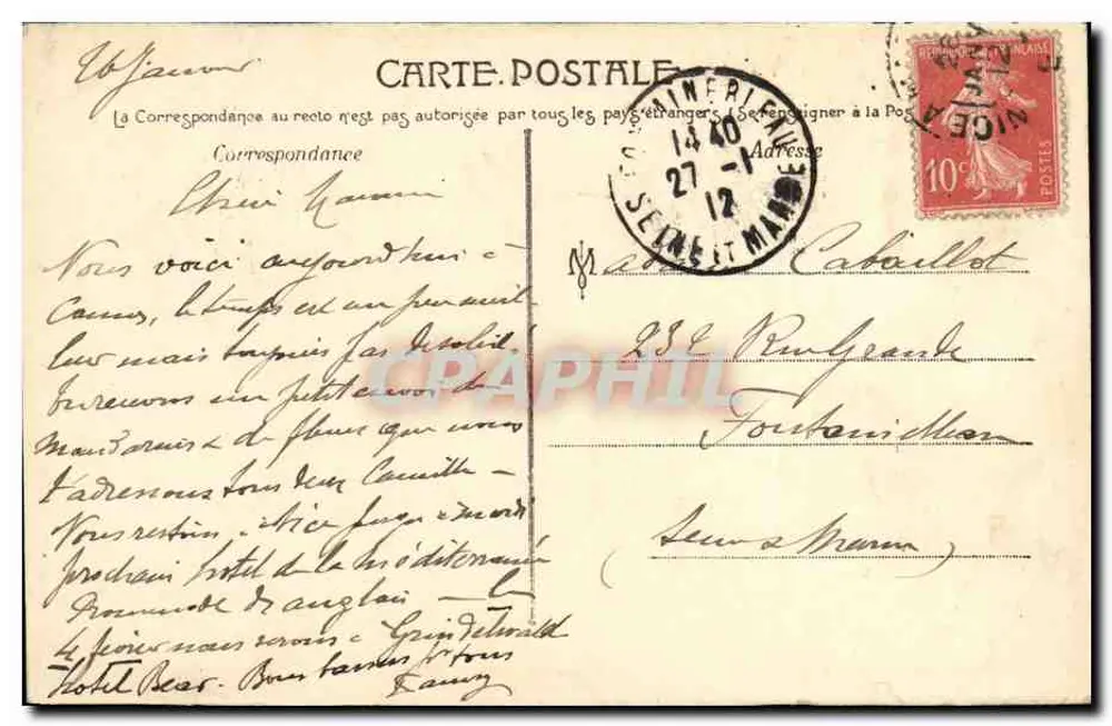 CANNES — Das Hotel Continental und der Pont du Riou — La Côte d'Azur artistique, n°242 - Rückseite