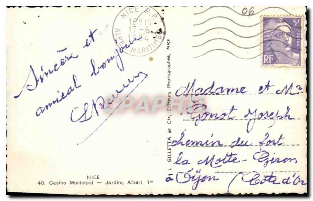 Nice - Casino Municipal e Jardins Albert — L. Gilletta & Cie, Editores Fotógrafos, Nice - Verso