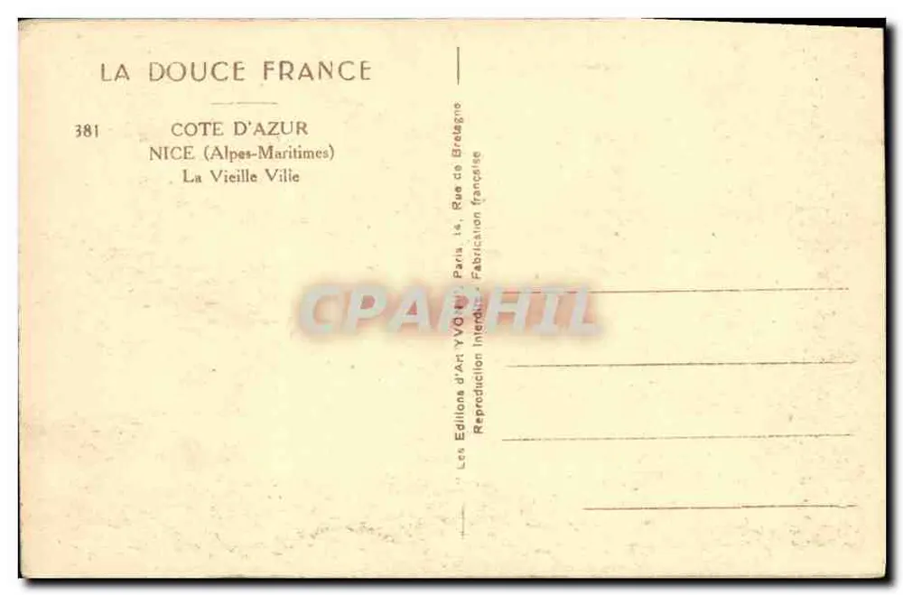 A Velha Cidade — NICE (Alpes-Maritimes) — Éditions d'Art YVG, Paris - Verso