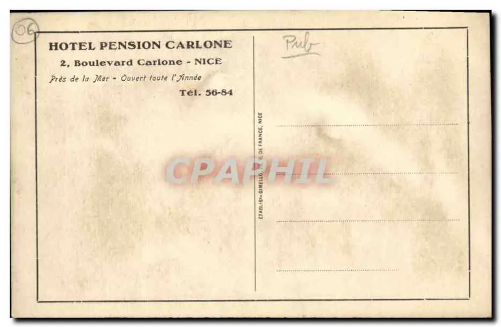 Hôtel-Pension Car Lone — Nice — Verleger: Établissement Gimello - Rückseite
