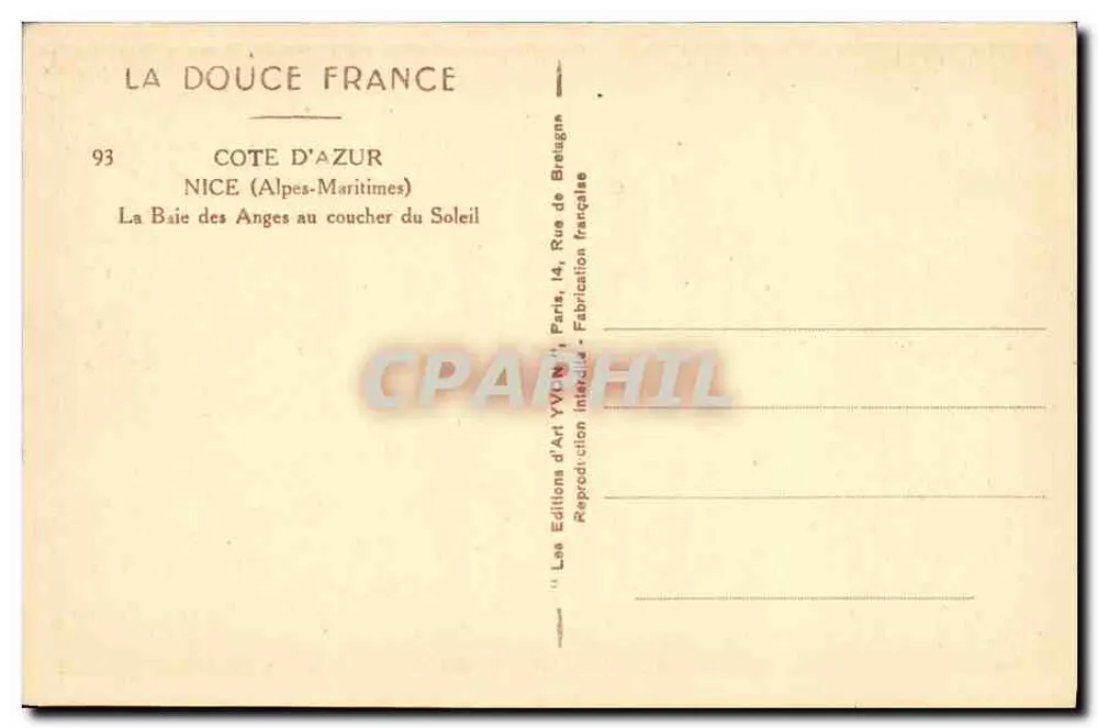 La Baie des Anges à Nice — Côte d'Azur — Éditions d'Art Yvonn, Paris - Verso