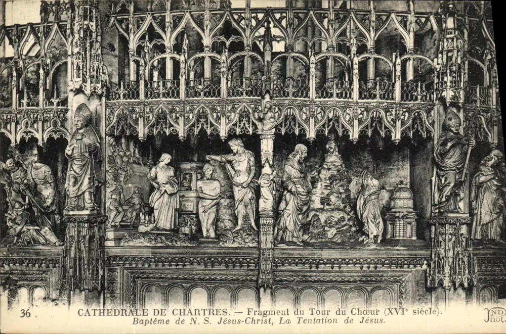 Chartreser Kathedrale — Fragment des Chor-Tours (16. Jahrhundert). Taufe unseres Herrn Jesus Christus, Die Versuchung Jesu. - Vorderseite