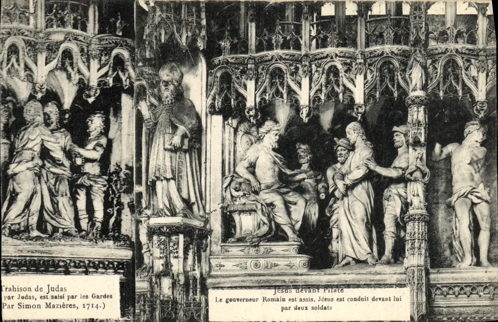 Cenas da Paixão — A traição de Judas e Jesus diante de Pilatos — por Simon Mazières, 1714 - Frente