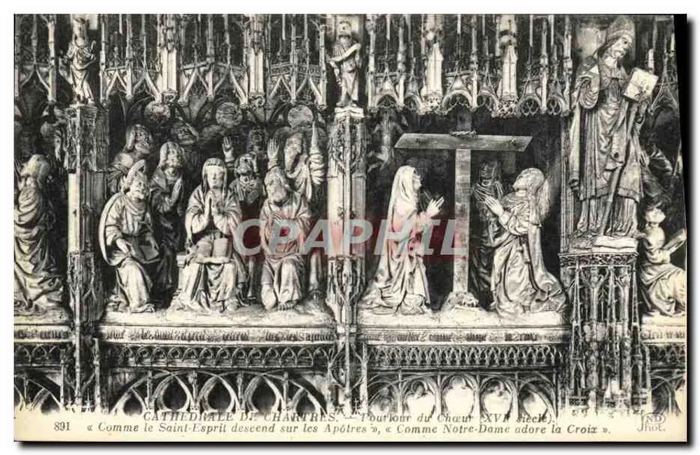 Kathedrale von Chartres — Umgebung des Chors 16. Jahrhundert — « Wie der Heilige Geist auf die Apostel herabkam », « Wie die Jungfrau Maria das Kreuz anbetet » - Vorderseite