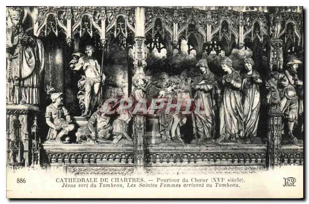 Chartreser Kathedrale — Balken des Chors (16. Jahrhundert). Jesus tritt aus dem Grab. Die heiligen Frauen erreichen das Grab. - Vorderseite