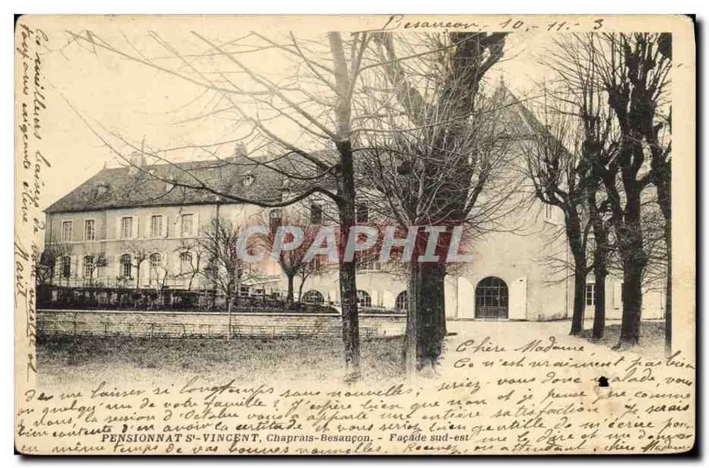 PENSIONNAT SAINTE-VINCENT, Chaprais-Besançon — Façade sud-est — éditeur impr. sur la carte - Frente
