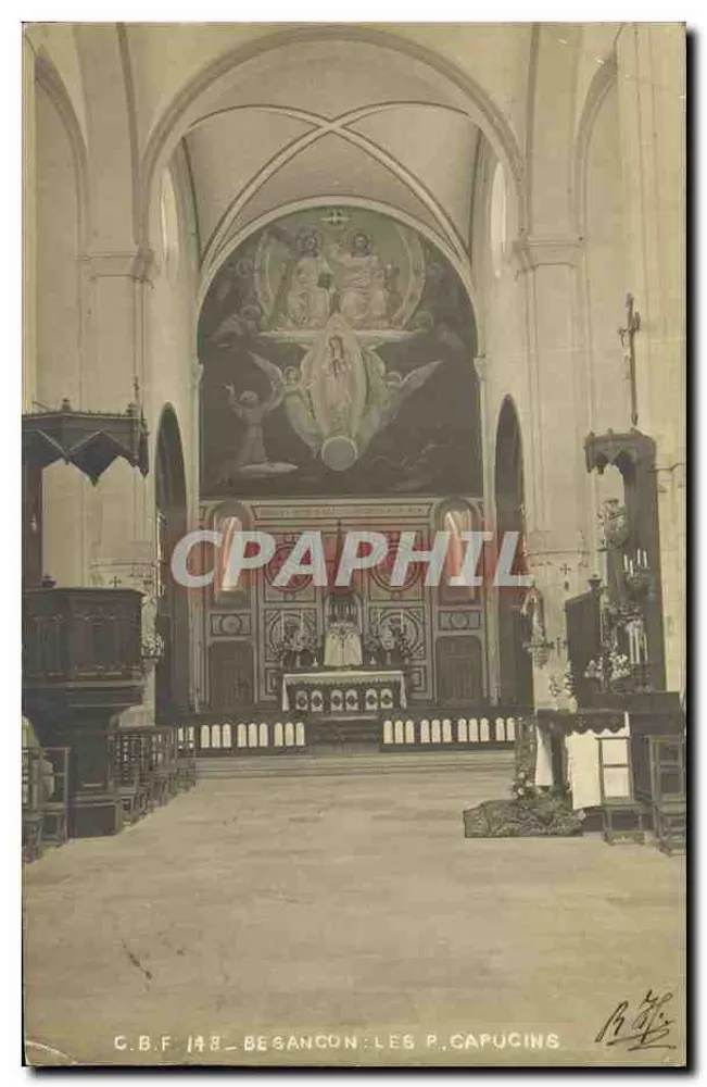 Intérieur de la chapelle des P. Capucins à Besançon — vue du chœur avec l'altarpiece et le tableau central — éditeur C.B.F. n° 148 - Frente