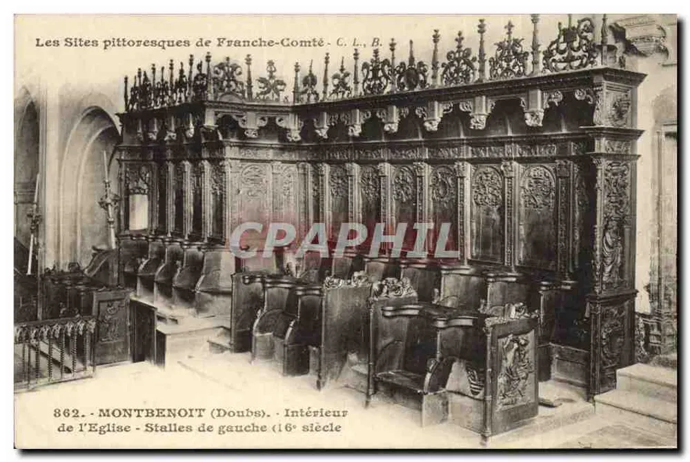 Montbenoît (Doubs) — Innenansicht der Kirche — linke Bänke (16. Jahrhundert) — C. L., B. - Vorderseite