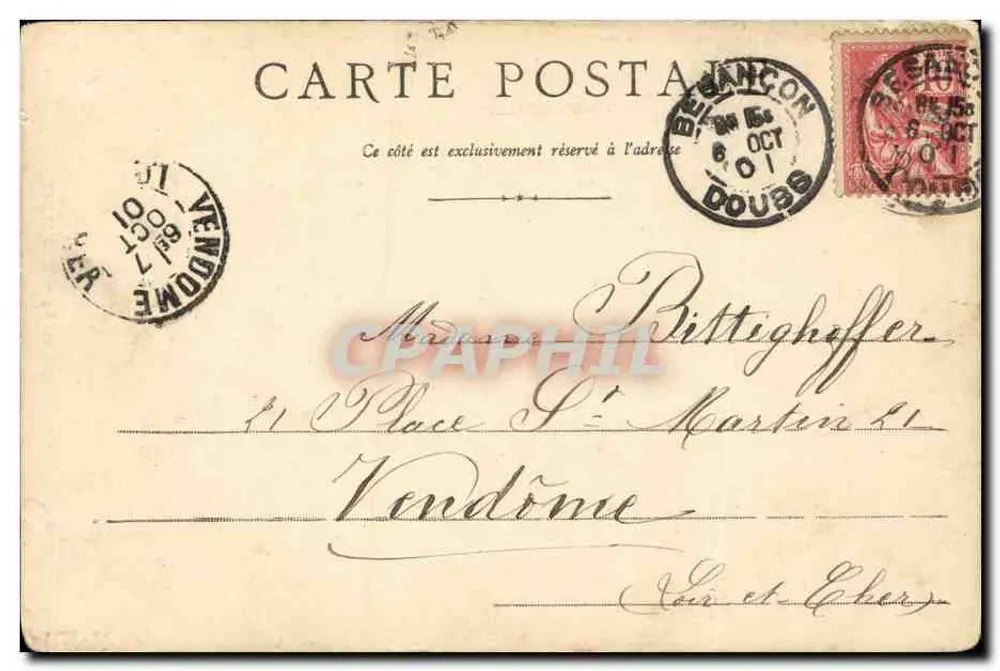 Besançon - Igreja de São Pedro — vista do edifício com inscrição 'Domingo' e data 6 de Outubro de 1901 - Verso