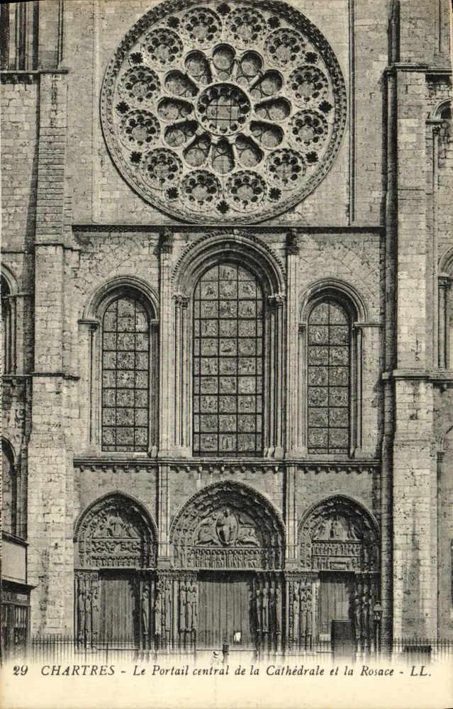 Chartres - Der zentrale Portal der Kathedrale und die Rosefenster - LL. - Vorderseite