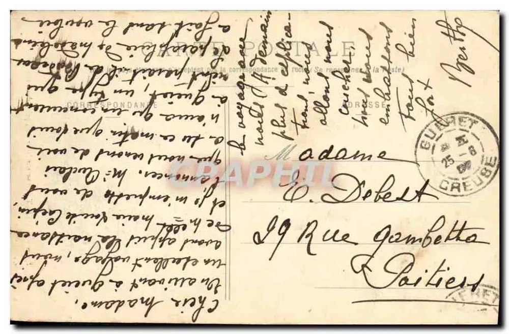 Ansicht über die Creuse, aufgenommen von den Ruinen — Crozant — A. de Nussac, Verlag Guéret, Nr. 390 - Rückseite