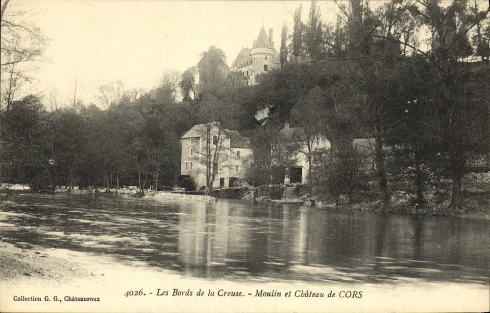 As margens da Creuse — Moinho e Castelo de CORS — Coleção G. G., Châteauroux, n° 4026 - Frente