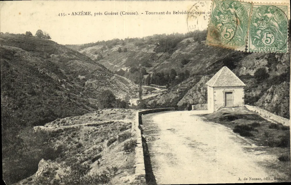 Anzême, nahe Guéret (Creuse) — Kurve des Belvédère — A. de Nussac, Verlag Guéret - Vorderseite