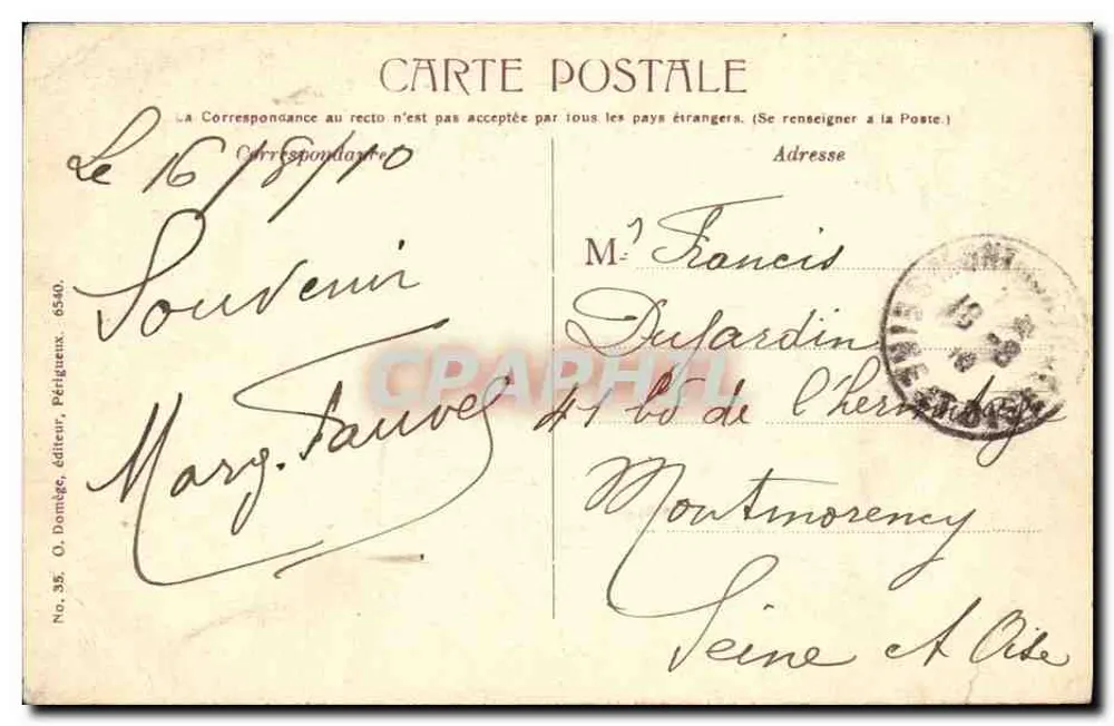 Périgueux — o jardim público — O. Domège, editor, n° 6540 - Verso