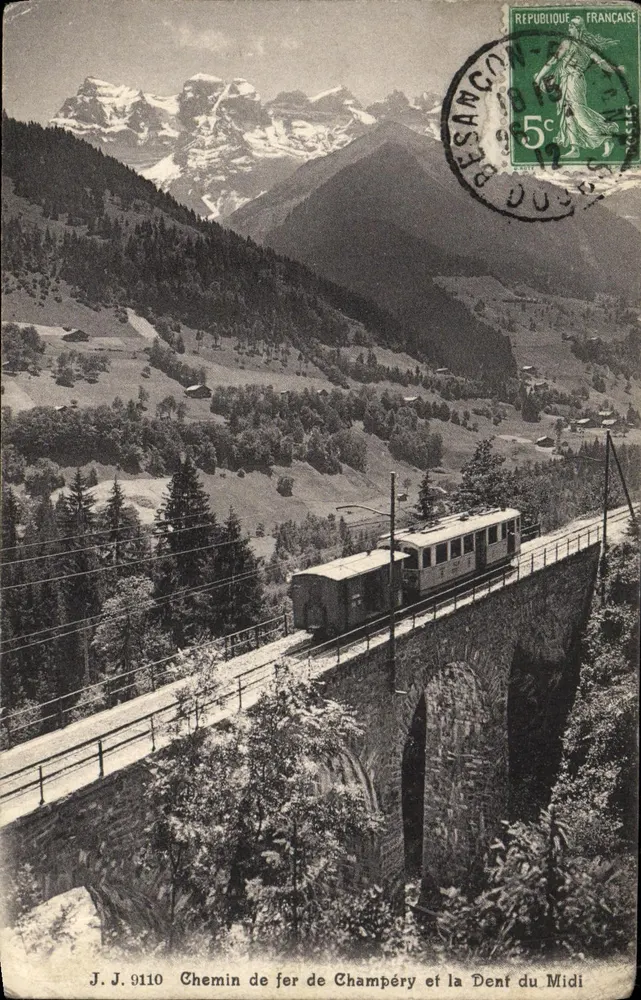 Chemin de fer de Champéry et la Dent du Midi — vue du viaduc avec train — éditeur J.J. n°9110 - Frente
