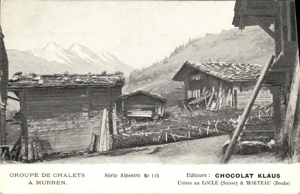 Grupo de chalés em Murren — Série Alpestre No 115 — Editores Chocolat Klaus - Frente