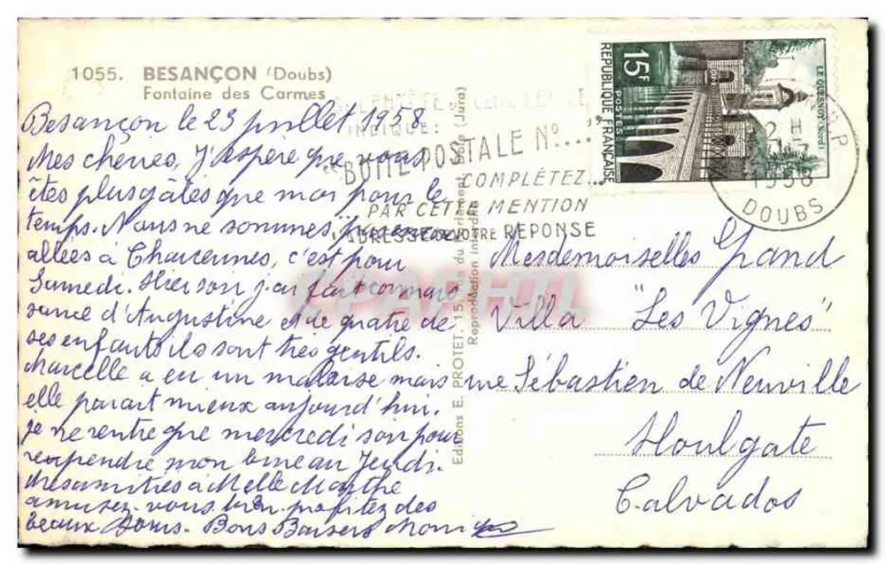 Fonte dos Carmelitas — Besançon (Doubs) — Edições E. PROTET, N° 1055 - Verso